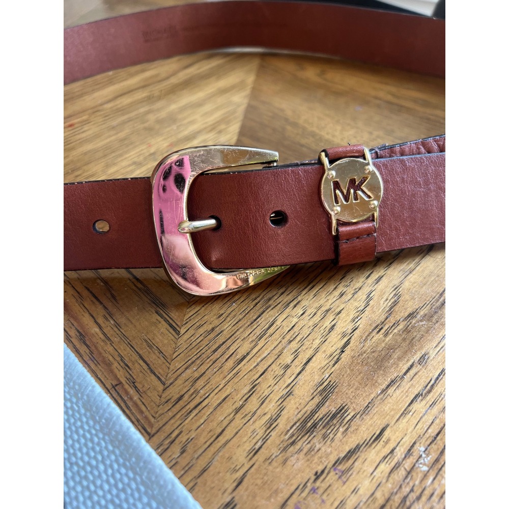 Michael Kors Brown Leather Belt Gold MK Logo Buckle XL 554749